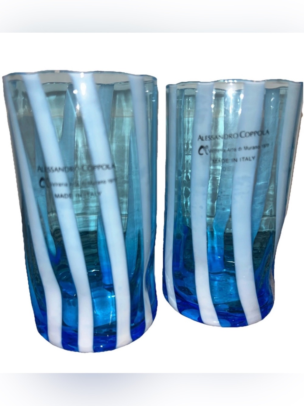 Set/2 Murano Alessandro Coppola Blue White Striped 5.75” Indented Glasses
